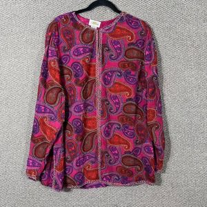 Sandy Starkman Tunic Blouse Womens Size 1X Pink Paisley‎ Beaded Long Sleeves